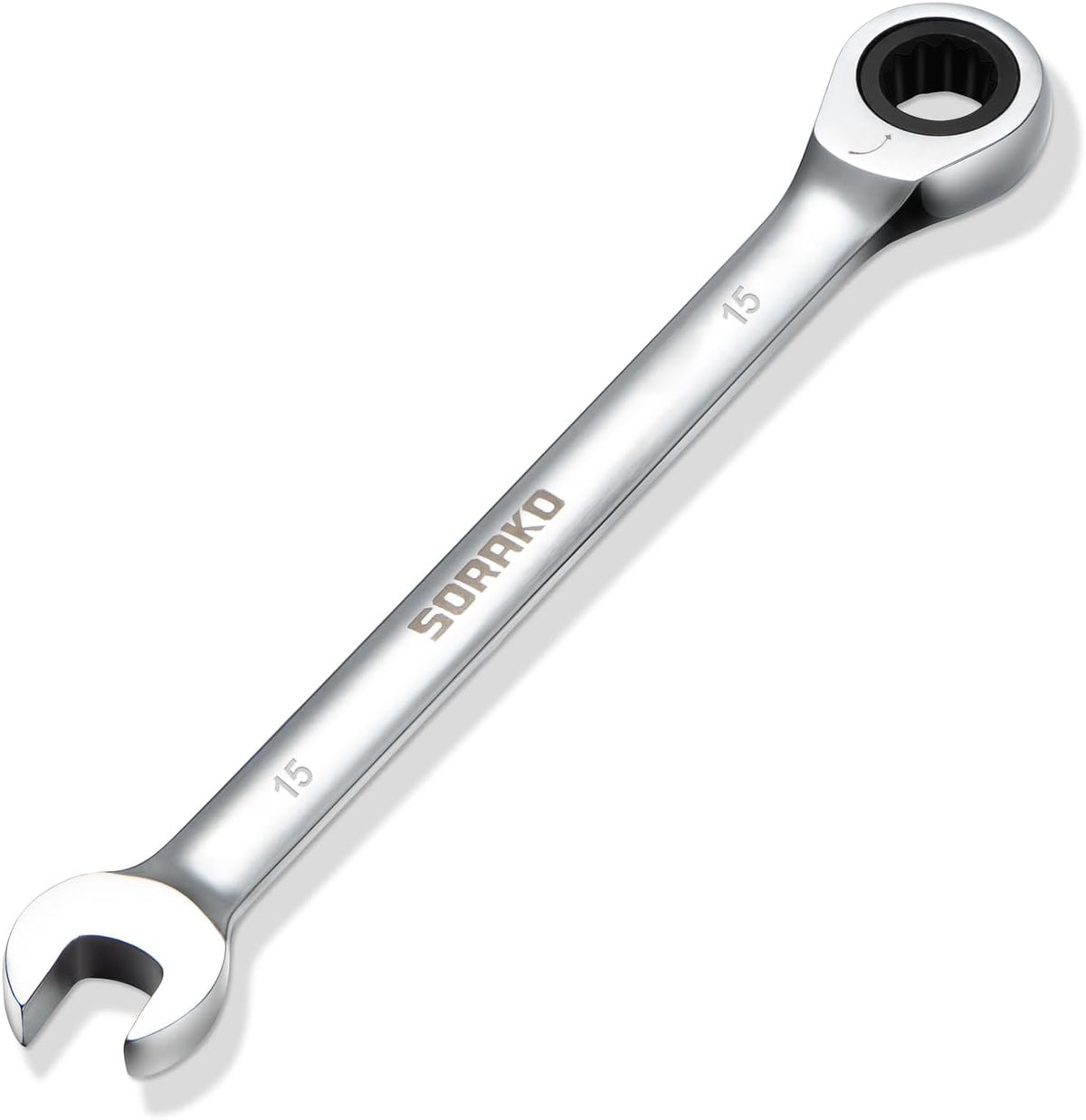SORAKO 15mm Ratchet Spanner, 72-Tooth 12-Point Combination Wrench with 5° Swing Arc, Reversible Direction for DIY, Automotive & Workshop Use