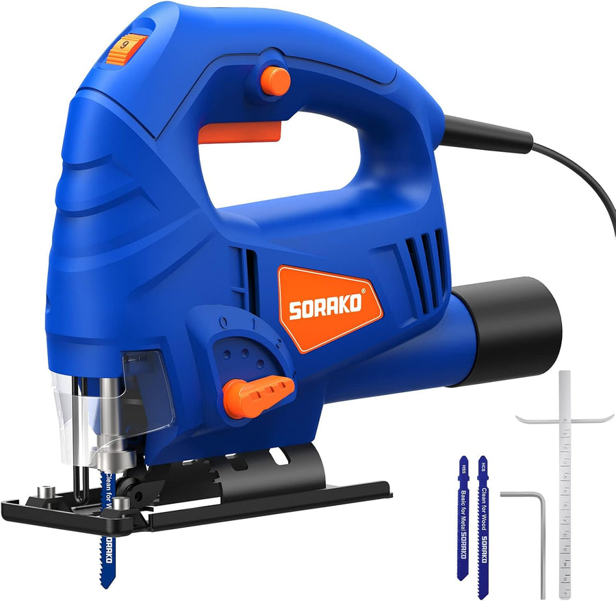 SORAKO 600W Electric Jigsaw, 800-3000 SPM Variable Speed Corded Jigsaw with 4 Orbital Settings, ±45° Bevel Cutting, 60mm Wood Cutting Depth, Tool-Free Blade Change, 2 Blades