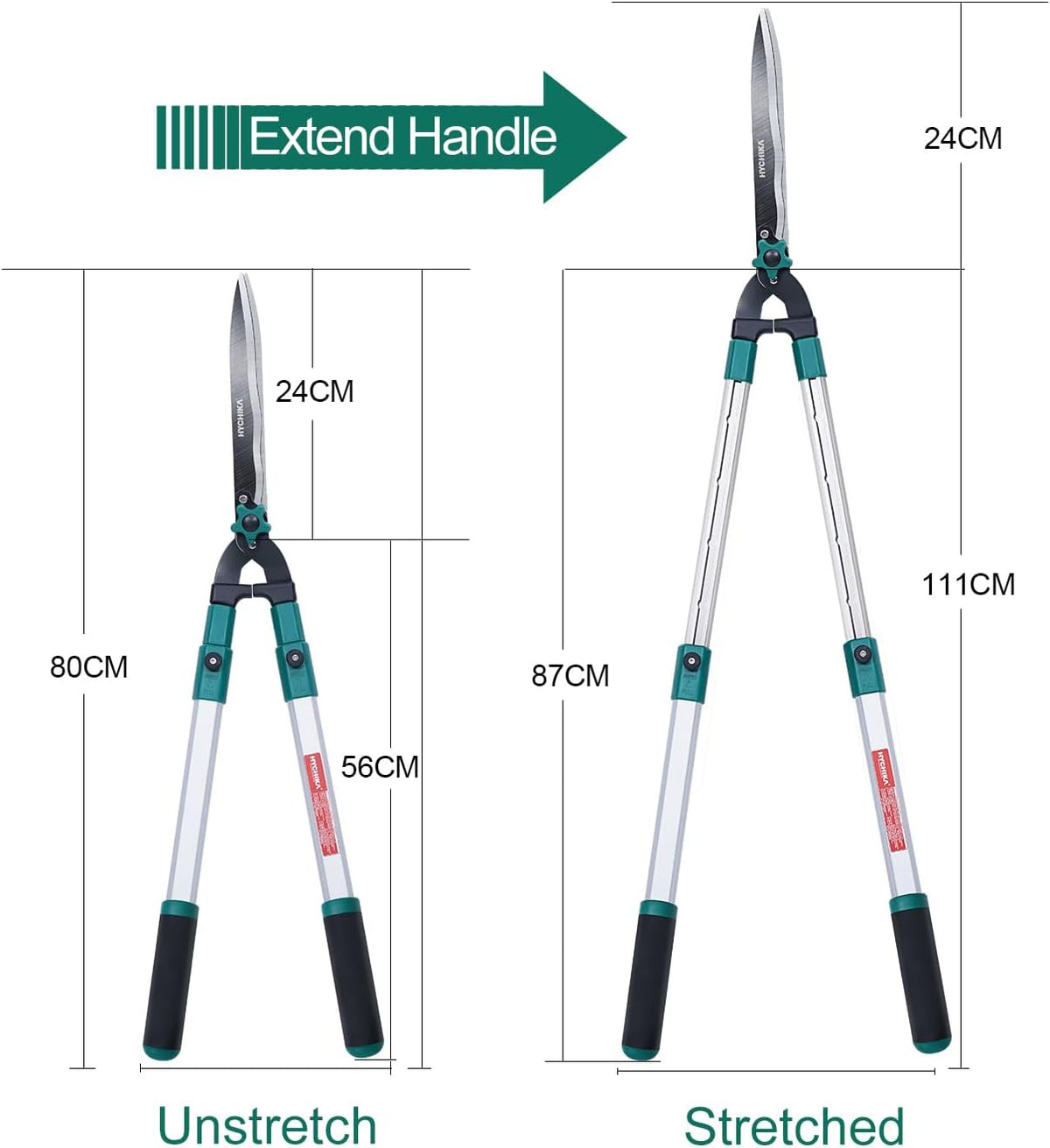 HYCHIKA Telescopic Hedge Shears, 80–111cm Long-Handled Garden Shears with 214mm High-Carbon Steel Wavy Blades for Hedges, Shrubs & Garden Pruning