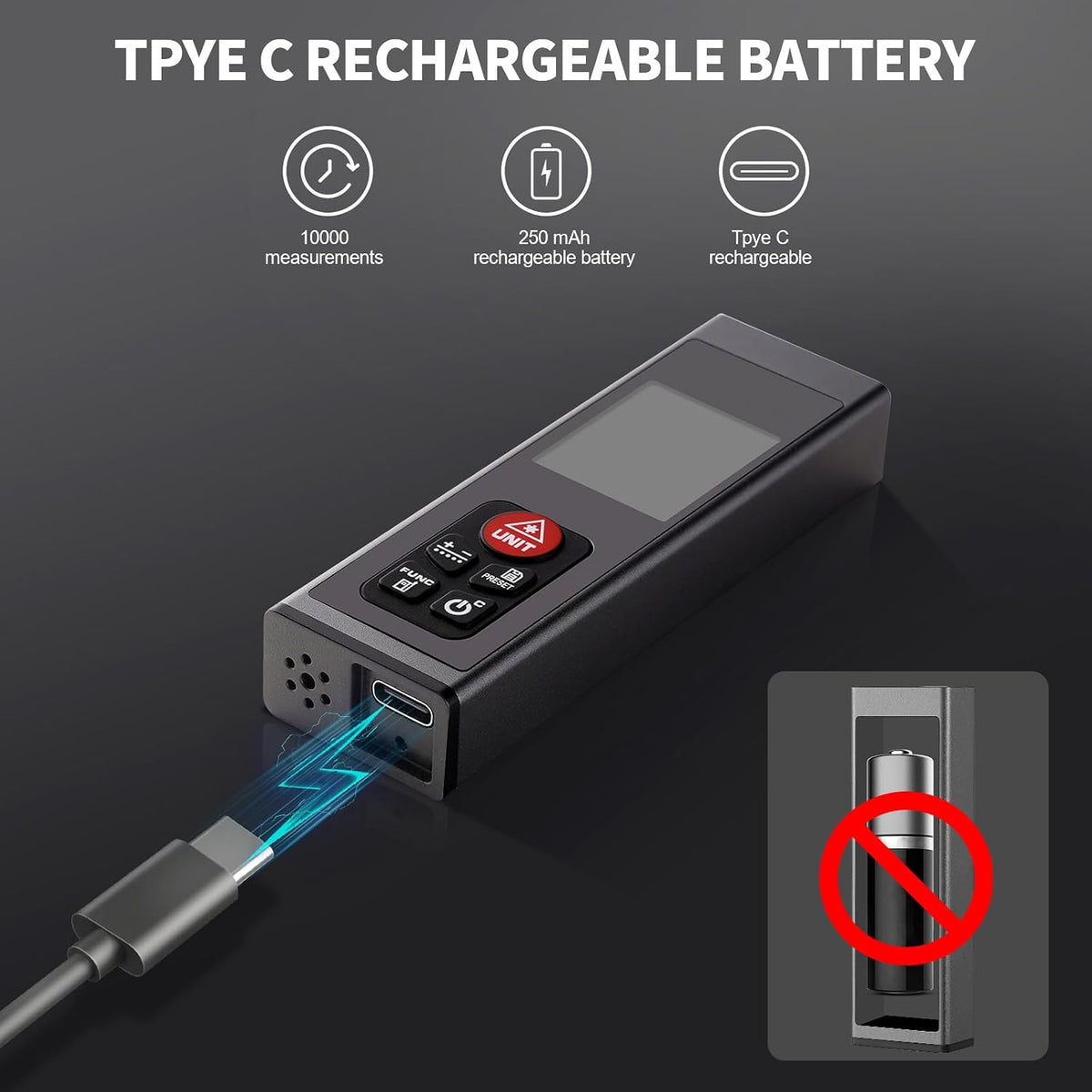HYCHIKA 60m Rechargeable Laser Distance Measure, ±2mm Accuracy with Backlit LCD, USB-C Charging, m/in/ft Units, Distance, Area, Volume & Pythagorean Measurement