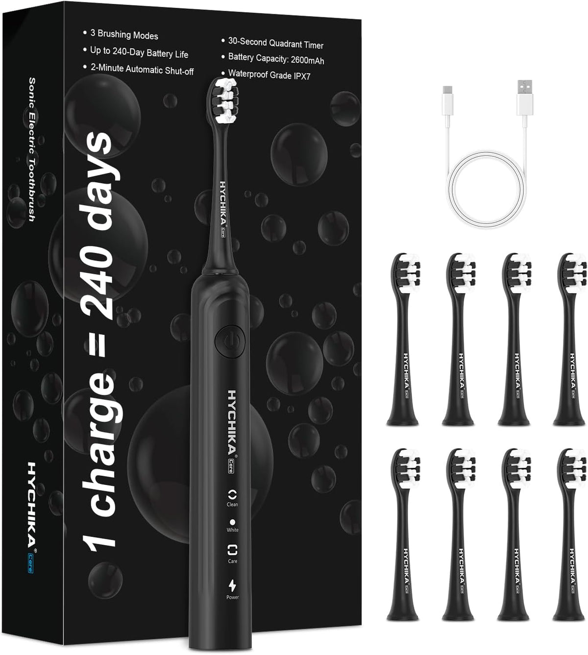 HYCHIKA Sonic Electric Toothbrush for Adults, Rechargeable with 8 Replacement Heads, 3 Brushing Modes, 2-Minute Timer, IPX7 Waterproof & USB-C Charging, Black