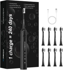HYCHIKA Sonic Electric Toothbrush for Adults, Rechargeable with 8 Replacement Heads, 3 Brushing Modes, 2-Minute Timer, IPX7 Waterproof & USB-C Charging, Black