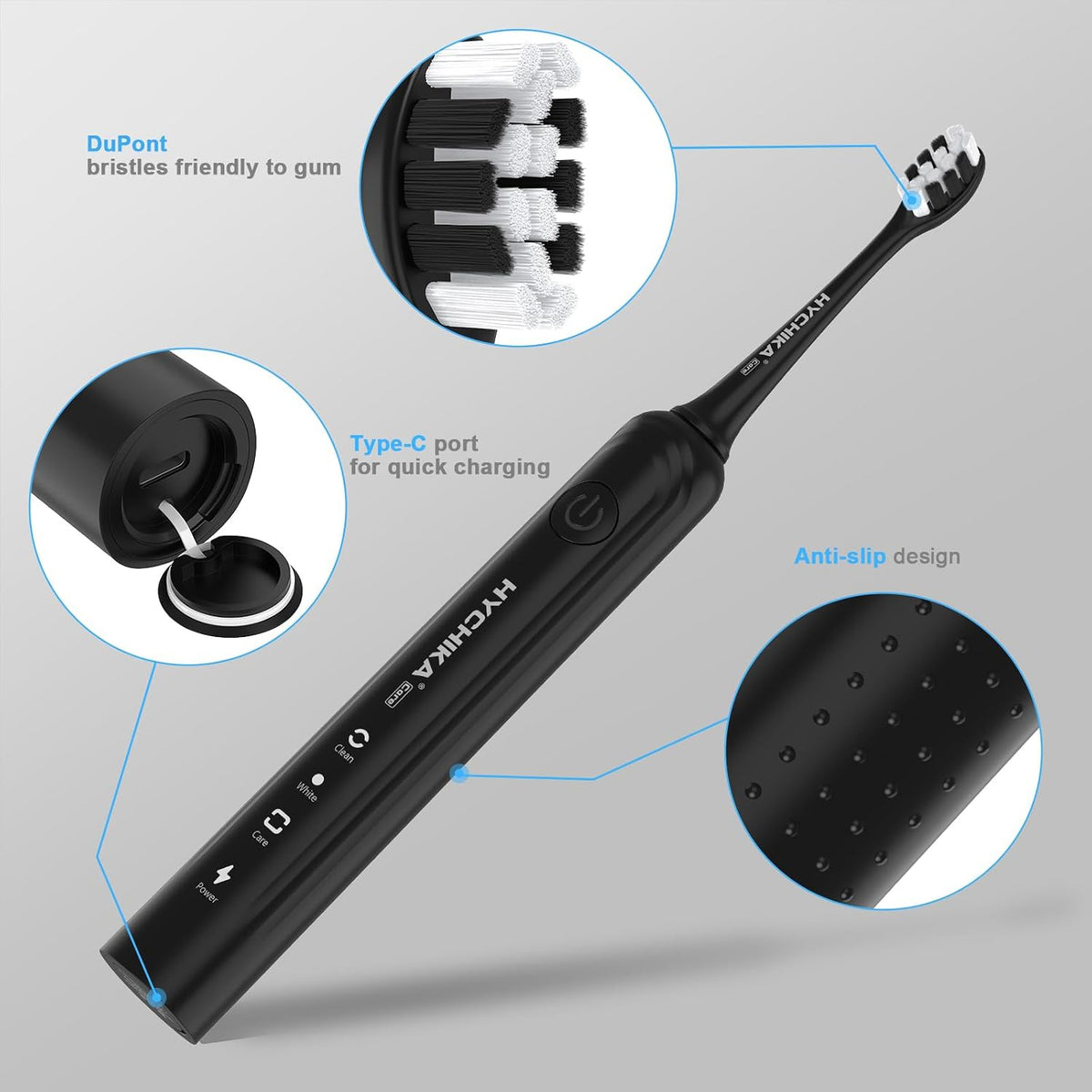 HYCHIKA Sonic Electric Toothbrush for Adults, Rechargeable with 8 Replacement Heads, 3 Brushing Modes, 2-Minute Timer, IPX7 Waterproof & USB-C Charging, Black