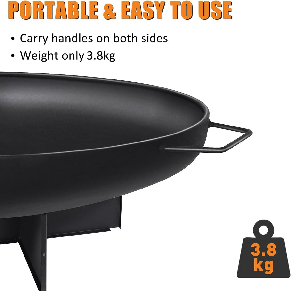HYCHIKA 60cm Outdoor Fire Pit Bowl, Round Iron Garden Fire Bowl with Carry Handles for Patio, Garden & Camping, Suitable for Wood, Charcoal & Briquettes