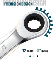 SORAKO 10mm Ratchet Spanner, 72-Tooth 12-Point Combination Spanner with Fixed Head, Polished Finish for DIY & Automotive Repairs
