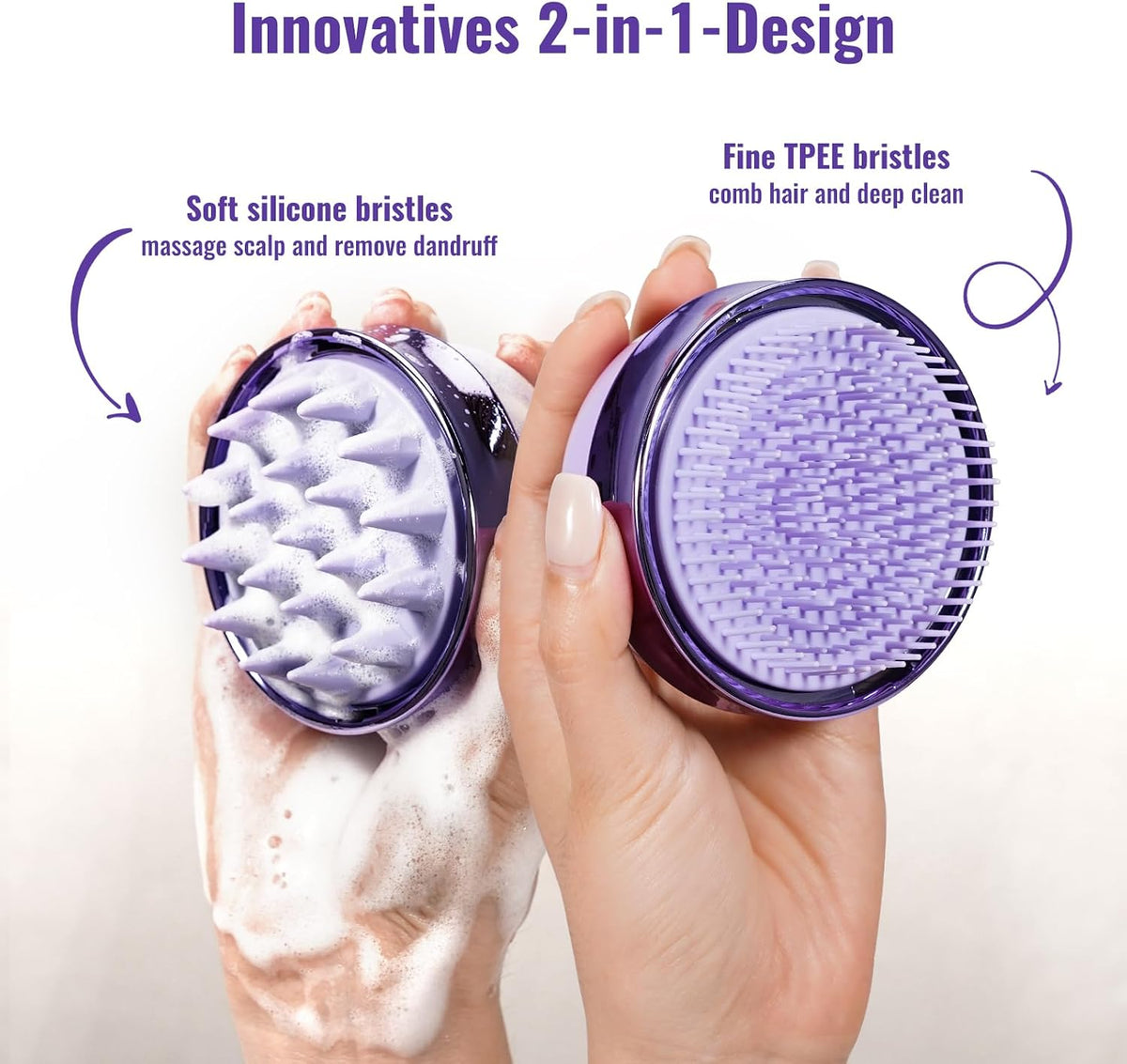 SHINLEA 2-in-1 Silicone Scalp Massager & Shampoo Brush, Double-Sided Hair & Scalp Brush for Wet & Dry Use, Flexible Manual Head Massager – Purple