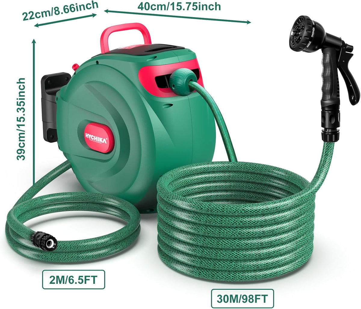 HYCHIKA 30M Retractable Garden Hose Reel, Wall-Mounted Auto Rewind Hose with 180° Swivel Bracket, Auto Lock & 8-Pattern Spray Gun