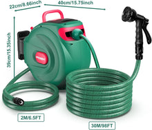 HYCHIKA 30M Retractable Garden Hose Reel, Wall-Mounted Auto Rewind Hose with 180° Swivel Bracket, Auto Lock & 8-Pattern Spray Gun