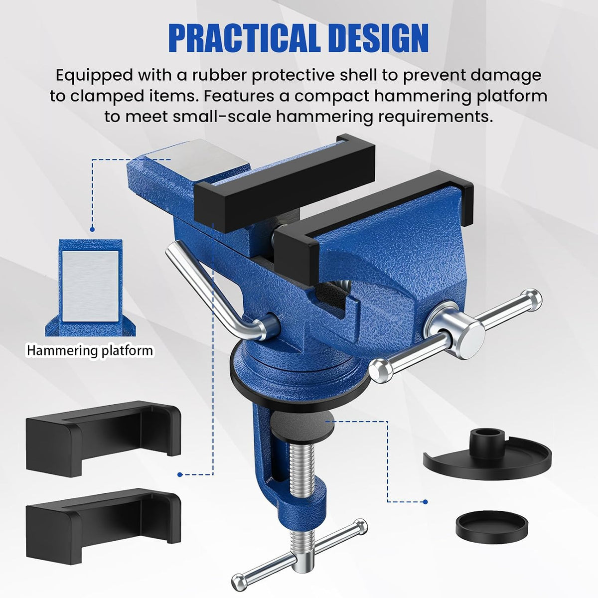 HYCHIKA 80mm Bench Vice, 360° Swivel Mini Table Vice with Rubber Jaw Pads, Portable Workbench Clamp for Woodworking, Drilling, Sanding, Grinding & DIY