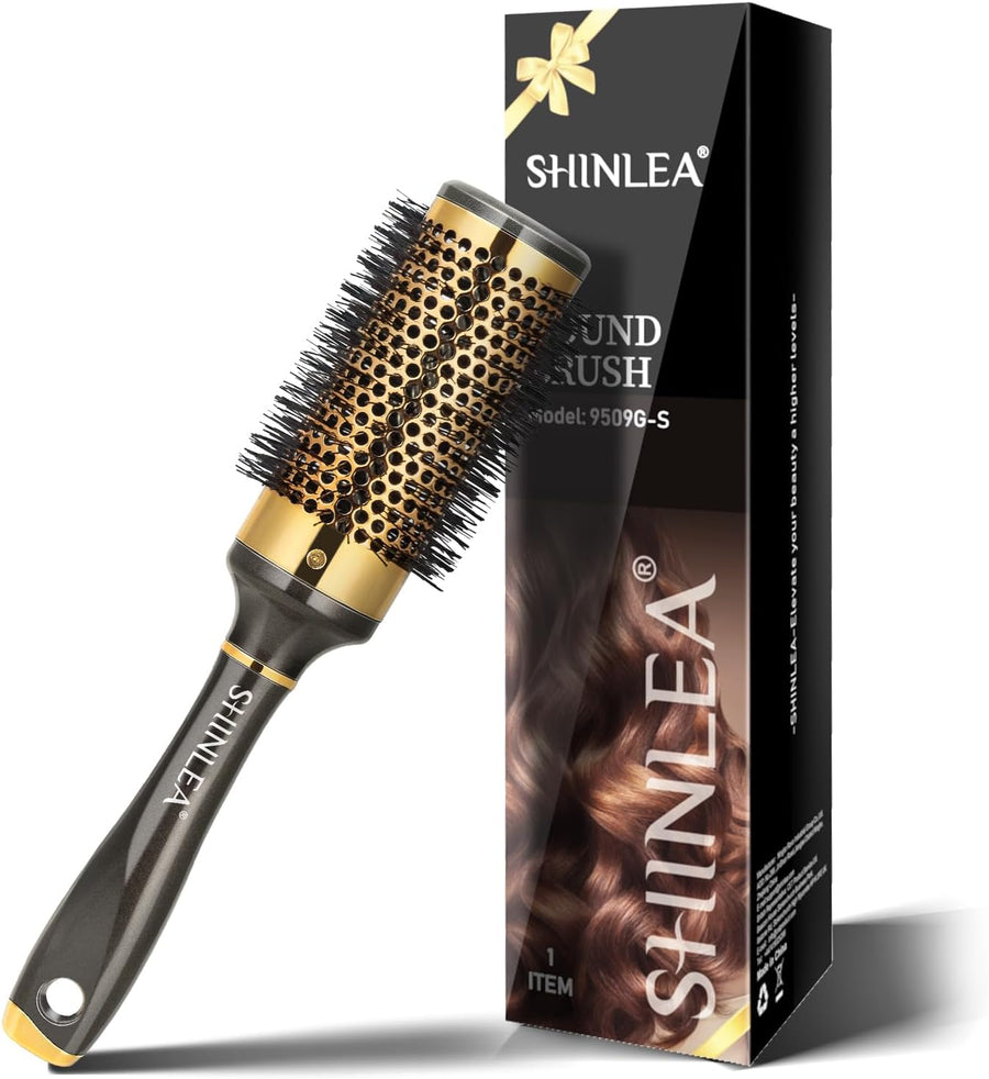 SHINLEA 43mm Round Hair Brush for Blow Drying, Aluminium Barrel Styling Brush for Curling, Volumising, Straightening & Smoothing – Gold