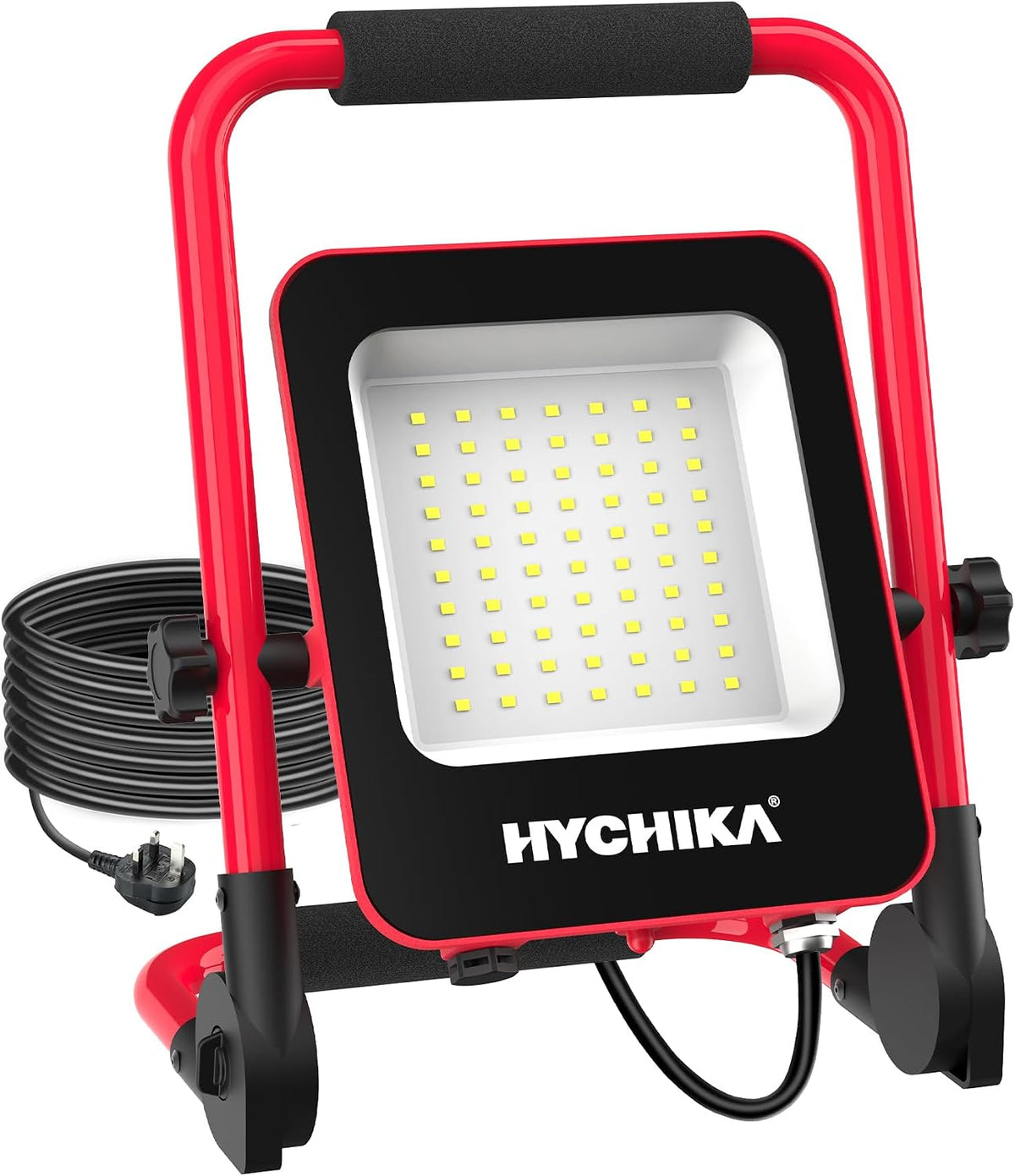 HYCHIKA 50W LED Work Light, 5500LM Portable Site Light with 360° Adjustable Foldable Stand, IP65 Weather-Resistant 6500K Daylight Floodlight for Workshop, Garage, Construction & Outdoor Use