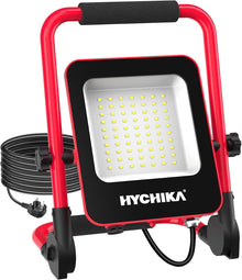 HYCHIKA 50W LED Work Light, 5500LM Portable Site Light with 360° Adjustable Foldable Stand, IP65 Weather-Resistant 6500K Daylight Floodlight for Workshop, Garage, Construction & Outdoor Use