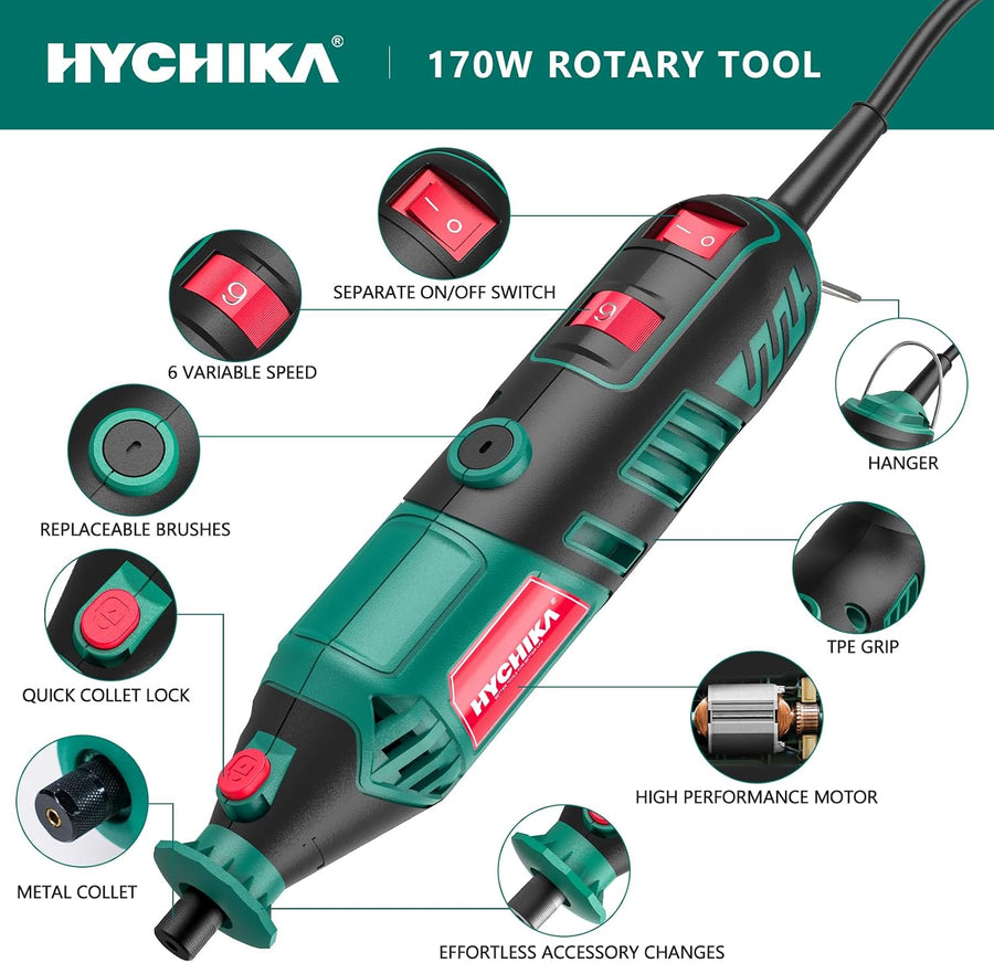 HYCHIKA 170W Rotary Tool Kit, 8,000–35,000 RPM Variable Speed Multi Tool with Flexible Shaft & 173 Accessories for Cutting, Grinding, Polishing, Engraving & DIY