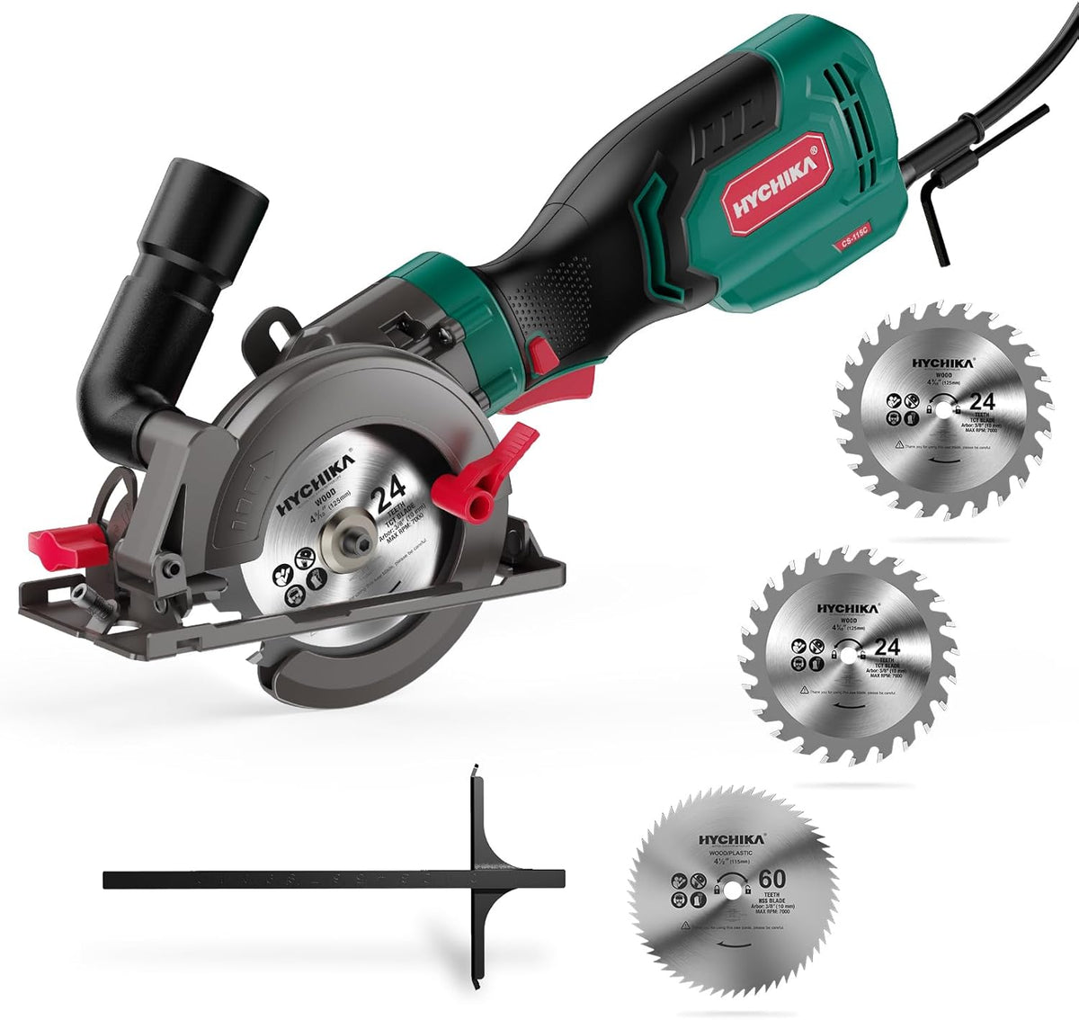 HYCHIKA 750W Mini Circular Saw, 3500 RPM Compact Corded Saw with 3 Blades, 0–45° Bevel & 48mm Cutting Depth for Wood, Metal, Plastic & Tile