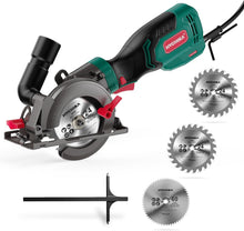 HYCHIKA 750W Mini Circular Saw, 3500 RPM Compact Corded Saw with 3 Blades, 0–45° Bevel & 48mm Cutting Depth for Wood, Metal, Plastic & Tile