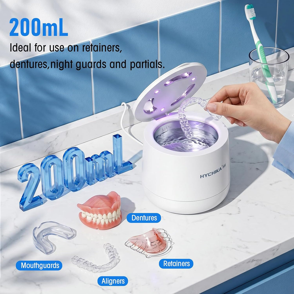 HYCHIKA 45kHz Ultrasonic Retainer Cleaner, 200mL Dental Cleaning Pod with 4 Modes & Digital Timer for Retainers, Dentures, Aligners & Night Guards – White