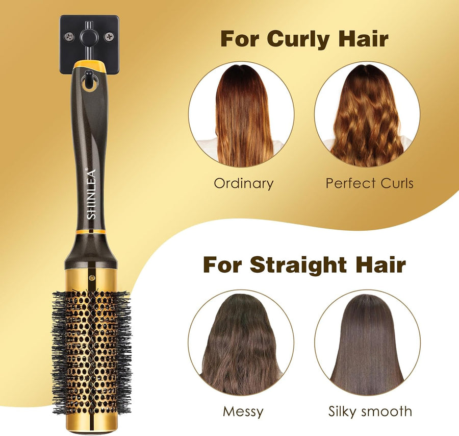 SHINLEA 33mm Round Hair Brush for Blow Drying, Aluminium Barrel Styling Brush for Curling, Volumising, Smoothing & Straightening, Gold