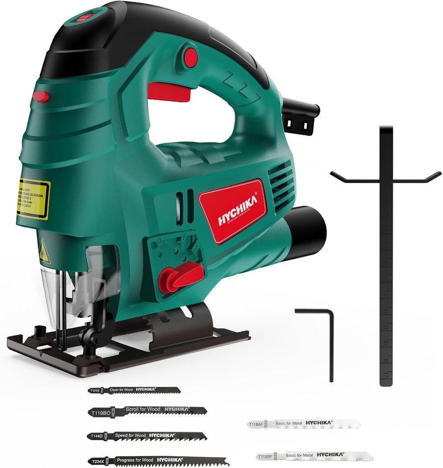 HYCHIKA 800W Electric Jigsaw with Laser Guide, 800–3000 SPM, 110mm Cutting Depth, 7 Speeds, 4-Stage Orbital Action, ±45° Bevel & 6 Blades