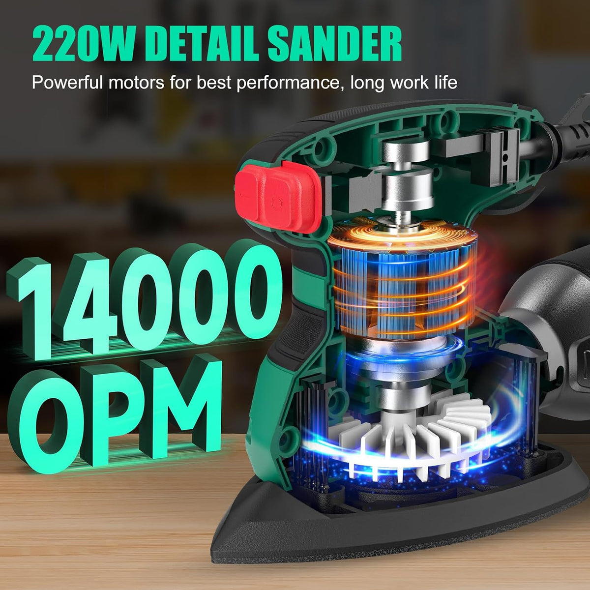 SORAKO 220W Detail Sander, 14,000 OPM Electric Mouse Sander with Dust Collection, Vacuum Adapter & 16 Sanding Sheets for Wood, Paint & Rust Removal