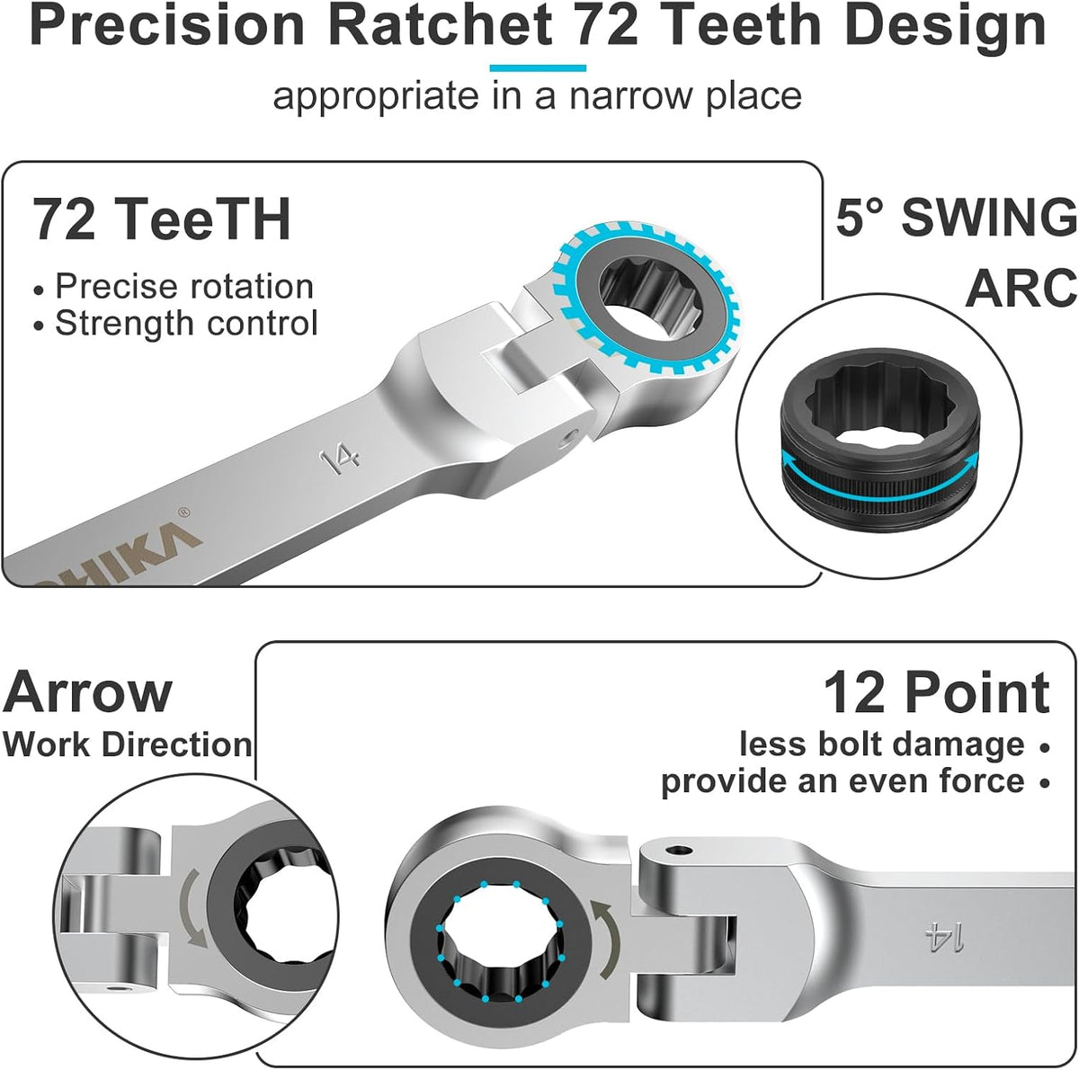 HYCHIKA 9-Piece Flex-Head Ratchet Spanner Set, 6-19mm Metric Combination Wrenches with 72-Tooth Ratchet, 180° Flexible Head & Roll Bag
