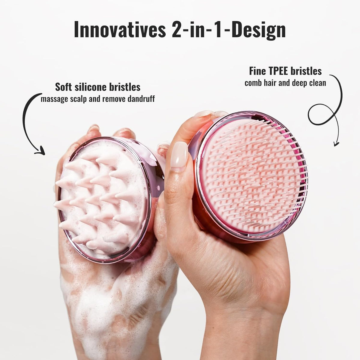 SHINLEA 2-in-1 Silicone Scalp Massager & Shampoo Brush, Double-Sided Hair & Scalp Brush for Wet & Dry Use, Flexible Manual Head Massager – Pink
