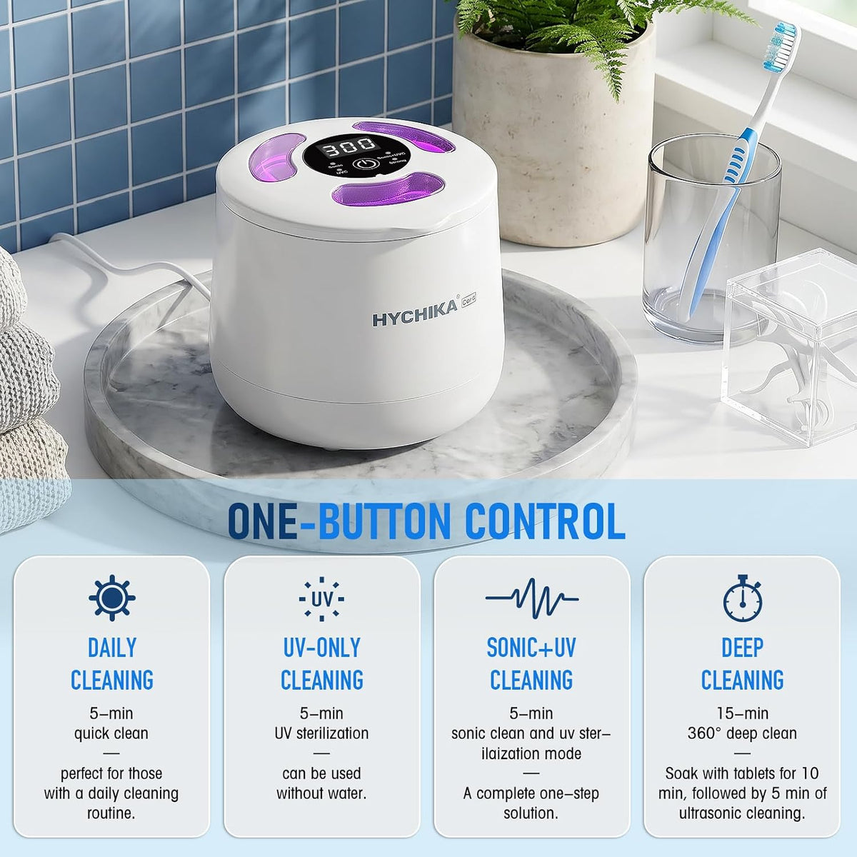 HYCHIKA 45kHz Ultrasonic Retainer Cleaner, 200mL Dental Cleaning Pod with 4 Modes & Digital Timer for Retainers, Dentures, Aligners & Night Guards – White