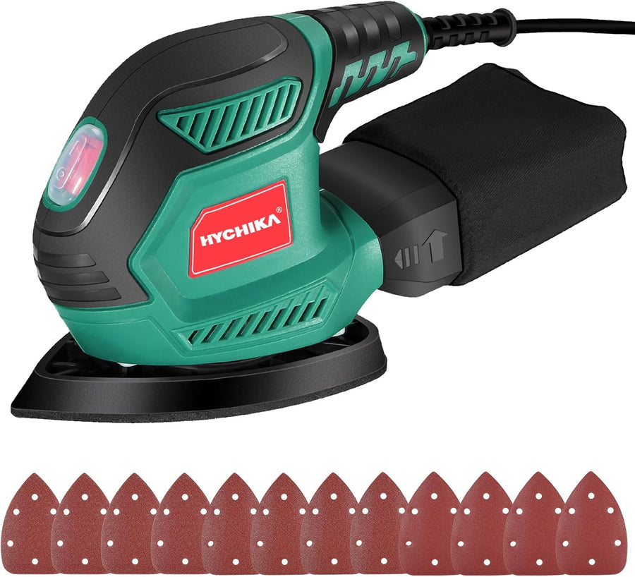 HYCHIKA 200W Detail Sander, 14,000 RPM Compact Electric Sander with Dust Collection & 12 Sanding Sheets for Wood, Furniture, Corners & Tight Spaces