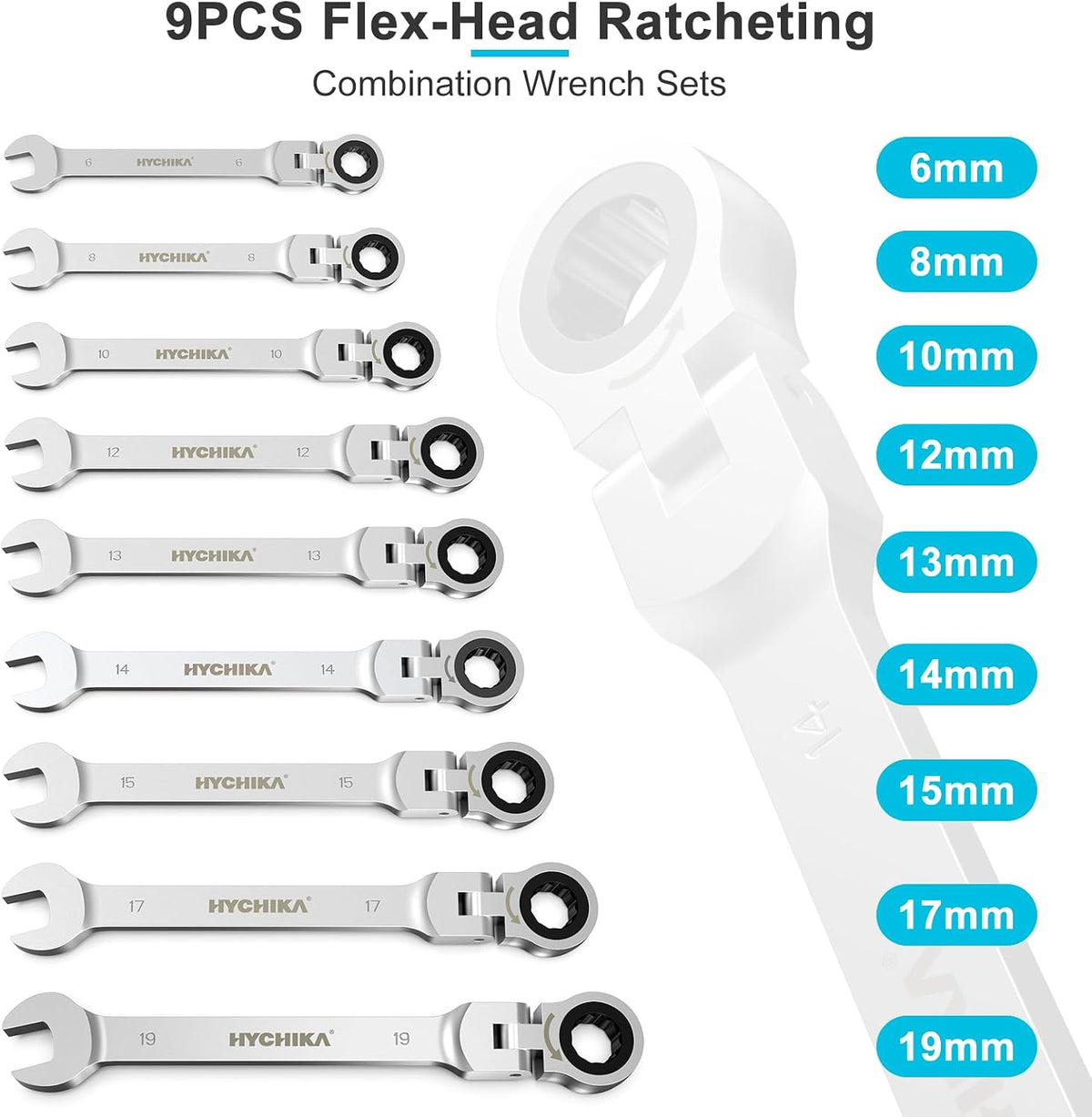 HYCHIKA 9-Piece Flex-Head Ratchet Spanner Set, 6-19mm Metric Combination Wrenches with 72-Tooth Ratchet, 180° Flexible Head & Roll Bag