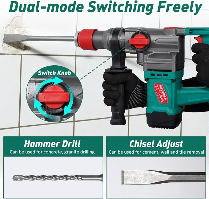 HYCHIKA 900W SDS Plus Rotary Hammer Drill, Corded Hammer Drill & Chisel with Safety Clutch for Concrete, Masonry, Brick & Demolition