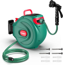 HYCHIKA 30M Retractable Garden Hose Reel, Wall-Mounted Auto Rewind Hose with 180° Swivel Bracket, Auto Lock & 8-Pattern Spray Gun