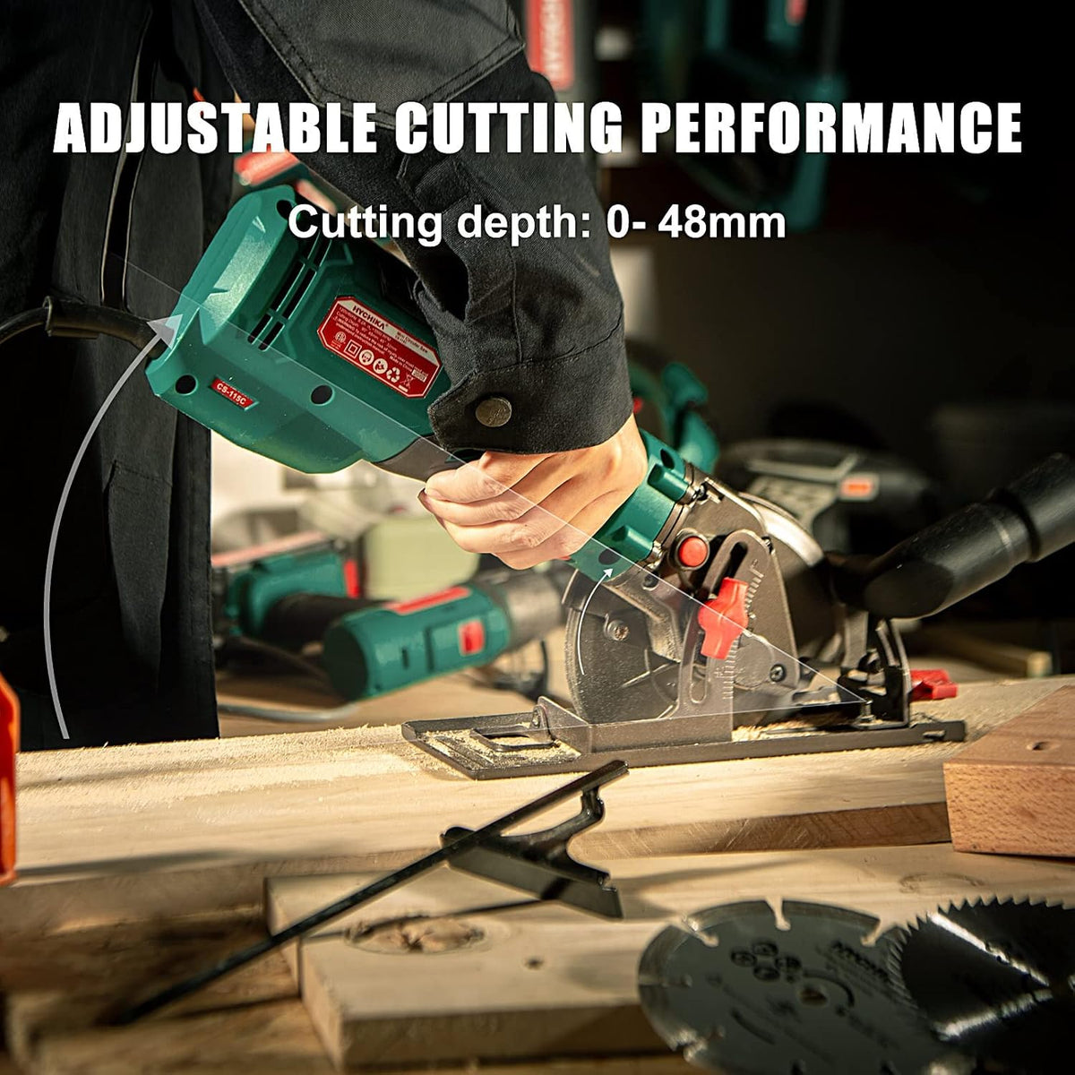 HYCHIKA 750W Mini Circular Saw, 3500 RPM Compact Corded Saw with 3 Blades, 0–45° Bevel & 48mm Cutting Depth for Wood, Metal, Plastic & Tile