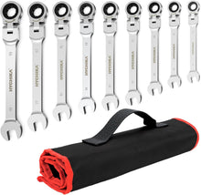 HYCHIKA 9-Piece Flex-Head Ratchet Spanner Set, 6-19mm Metric Combination Wrenches with 72-Tooth Ratchet, 180° Flexible Head & Roll Bag