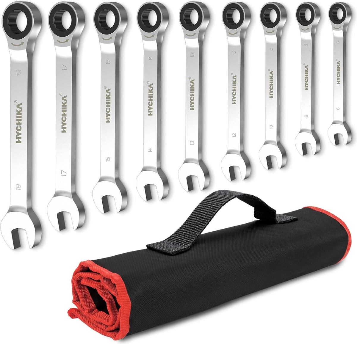 HYCHIKA 9-Piece Ratchet Spanner Set, 6–19mm Metric Combination Spanners, 72-Tooth Fixed Head, 5° Swing Arc, CR-V Steel with Roll Storage Bag