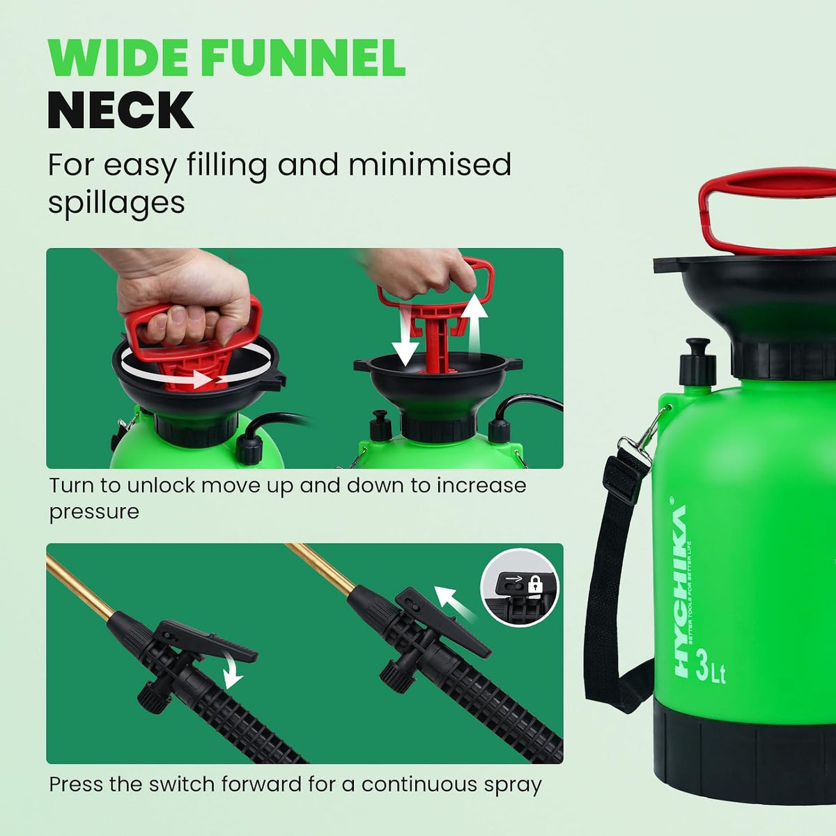 HYCHIKA 3L Garden Pressure Sprayer, Pump Spray Bottle with Adjustable Nozzle, Continuous Spray Lock, 500mm Metal Lance, Pressure Relief Valve & Shoulder Strap