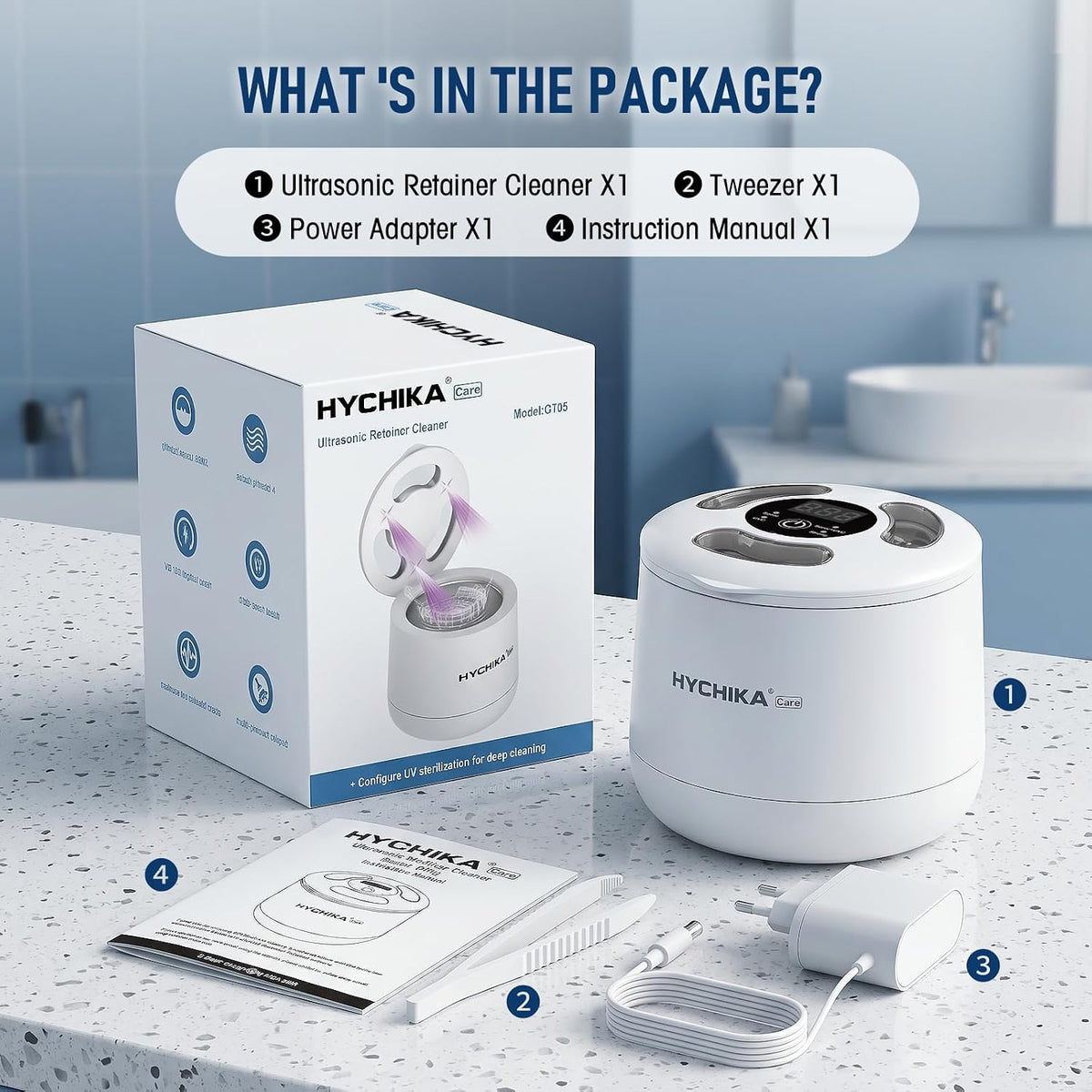 HYCHIKA 45kHz Ultrasonic Retainer Cleaner, 200mL Dental Cleaning Pod with 4 Modes & Digital Timer for Retainers, Dentures, Aligners & Night Guards – White