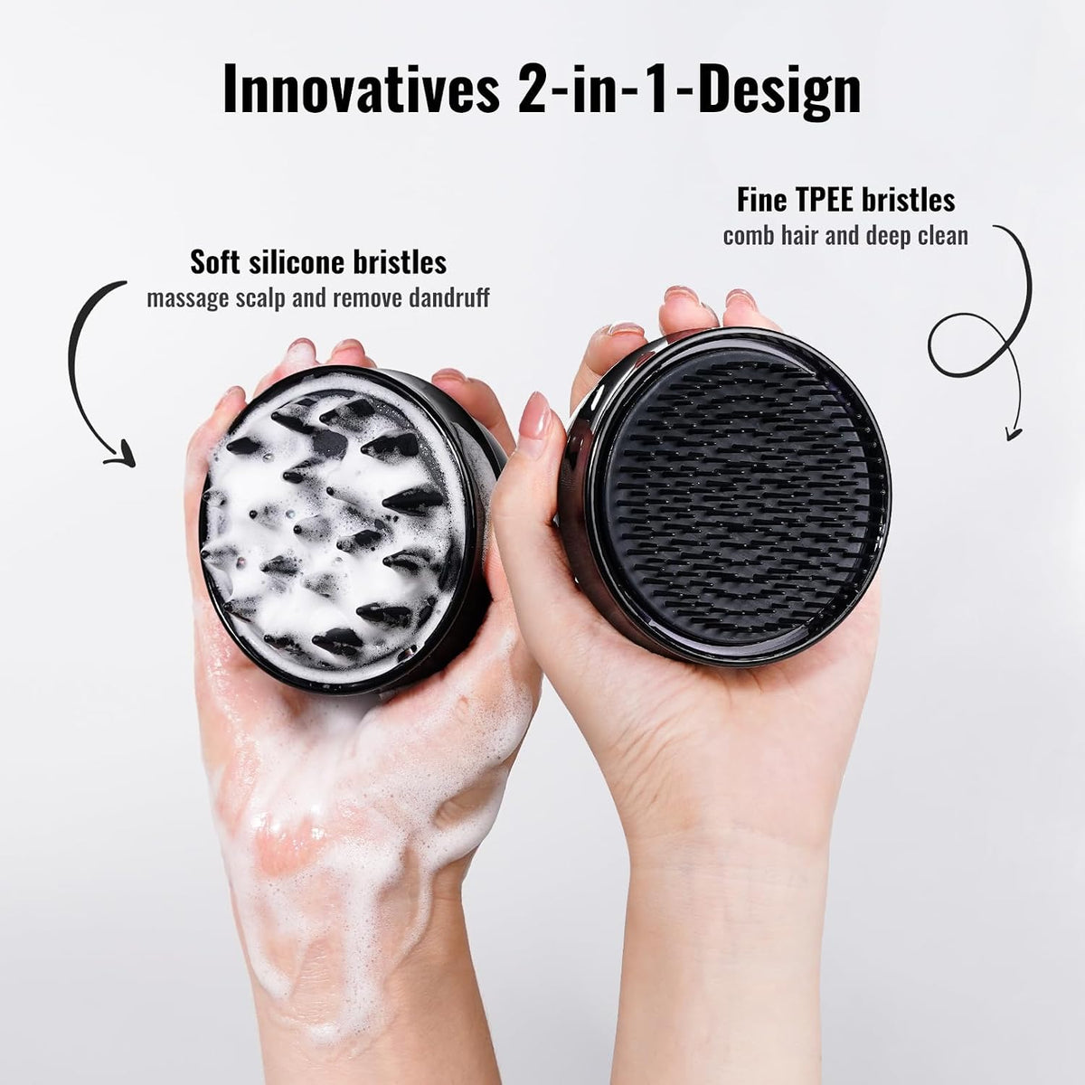 SHINLEA 2-in-1 Silicone Scalp Massager & Shampoo Brush, Double-Sided Scalp Scrubber for Wet & Dry Hair, Waterproof Manual Hair Brush for Women, Men & Kids – Black