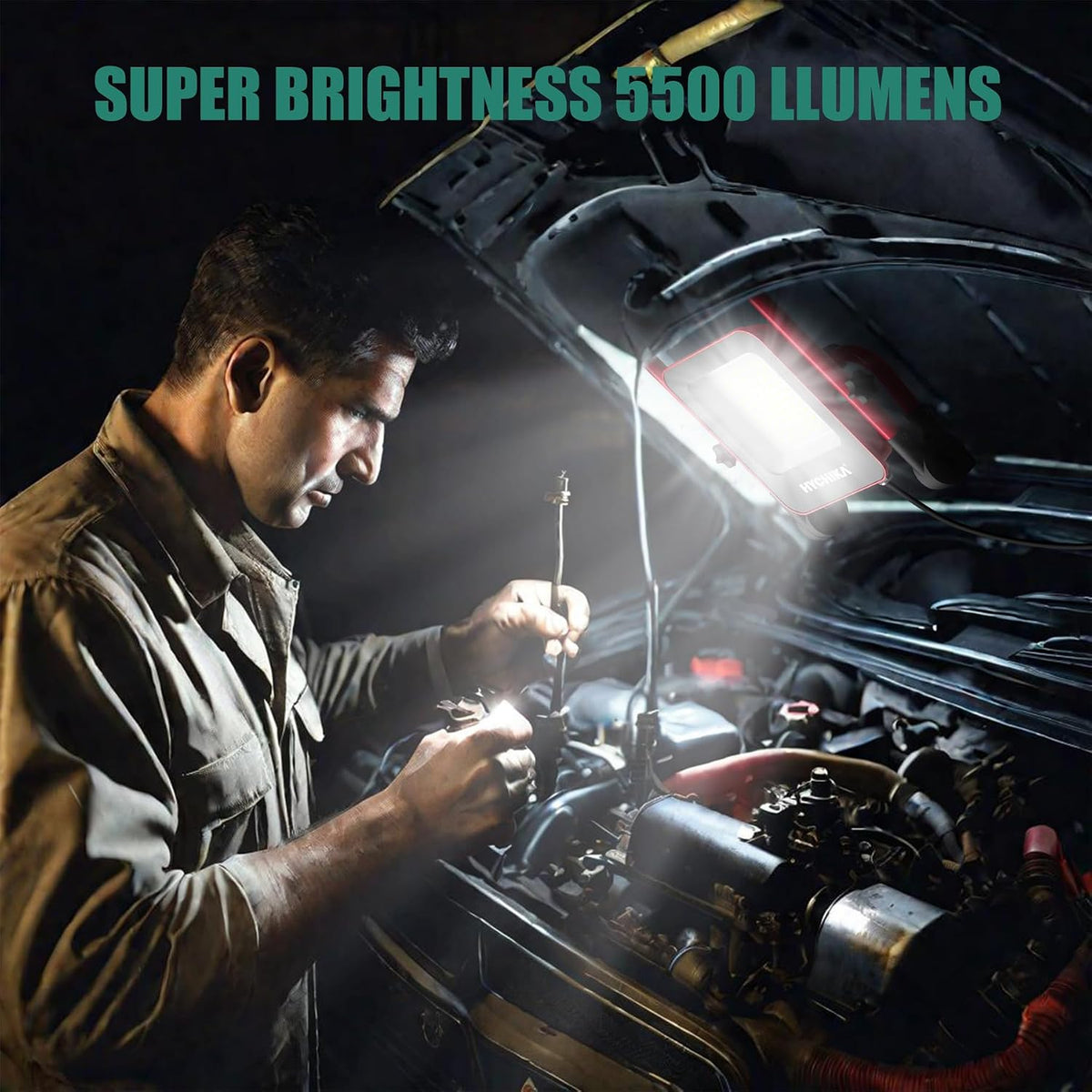 HYCHIKA 50W LED Work Light, 5500LM Portable Site Light with 360° Adjustable Foldable Stand, IP65 Weather-Resistant 6500K Daylight Floodlight for Workshop, Garage, Construction & Outdoor Use
