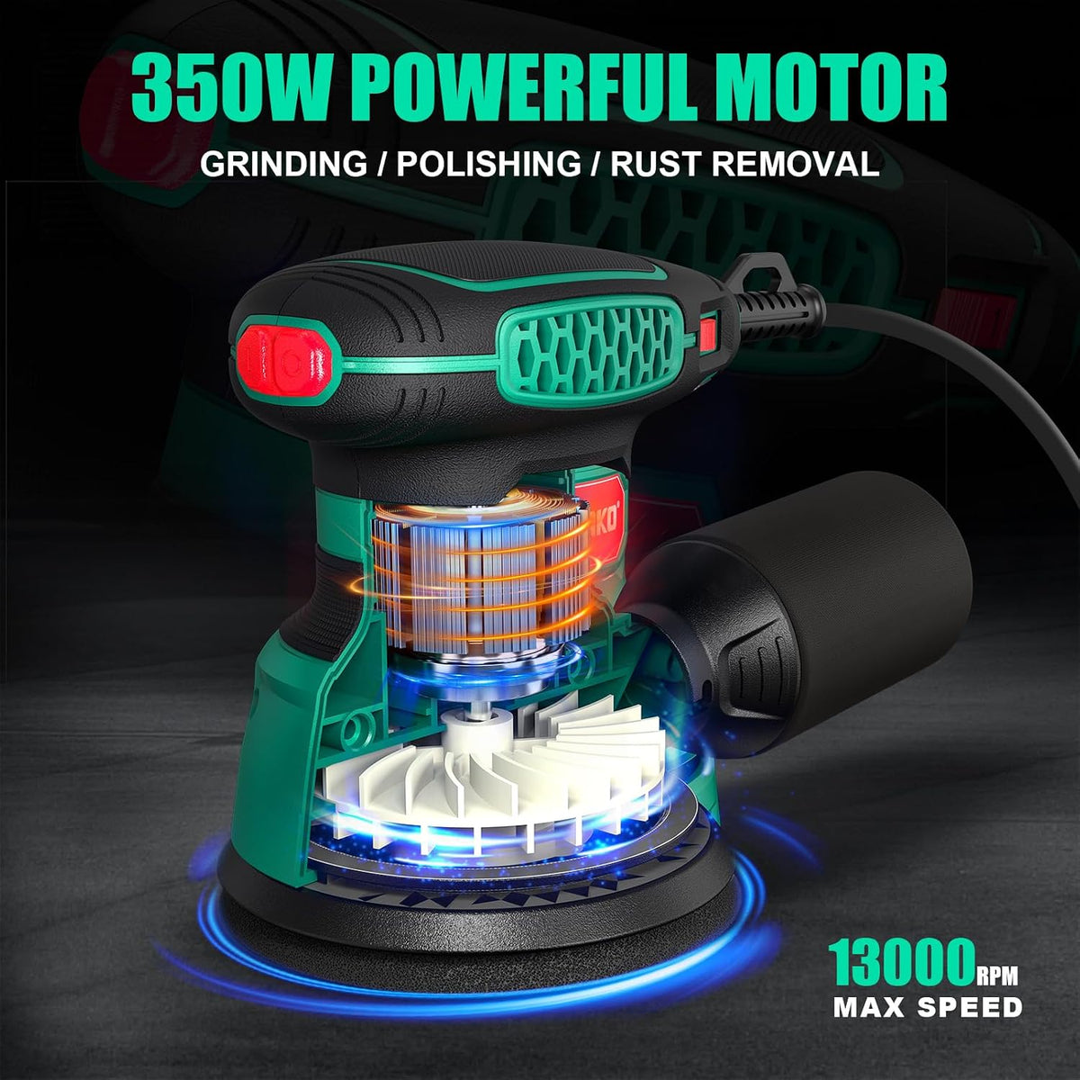 SORAKO 350W Random Orbital Sander, 125mm Electric Sander with 6 Variable Speeds, Dust Collection & 16 Sanding Discs for Wood, Furniture & DIY