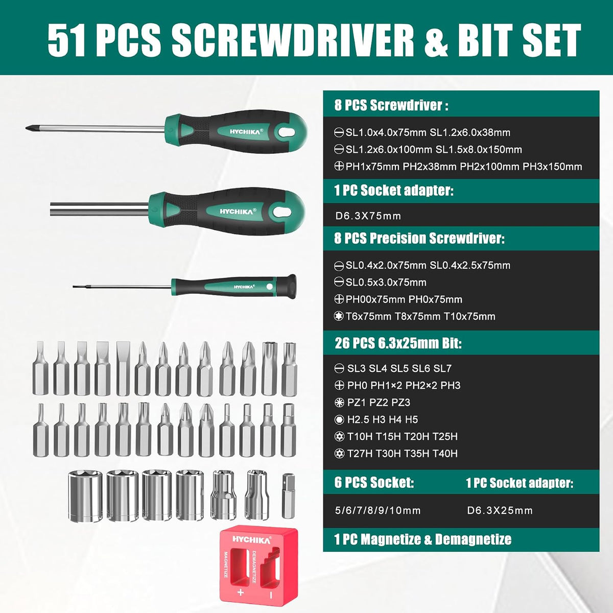 HYCHIKA 51-Piece Magnetic Screwdriver Set, CR-V Screwdrivers & Precision Bits with Torx, Phillips, Pozidriv, Slotted, Hex, Sockets & Storage Rack
