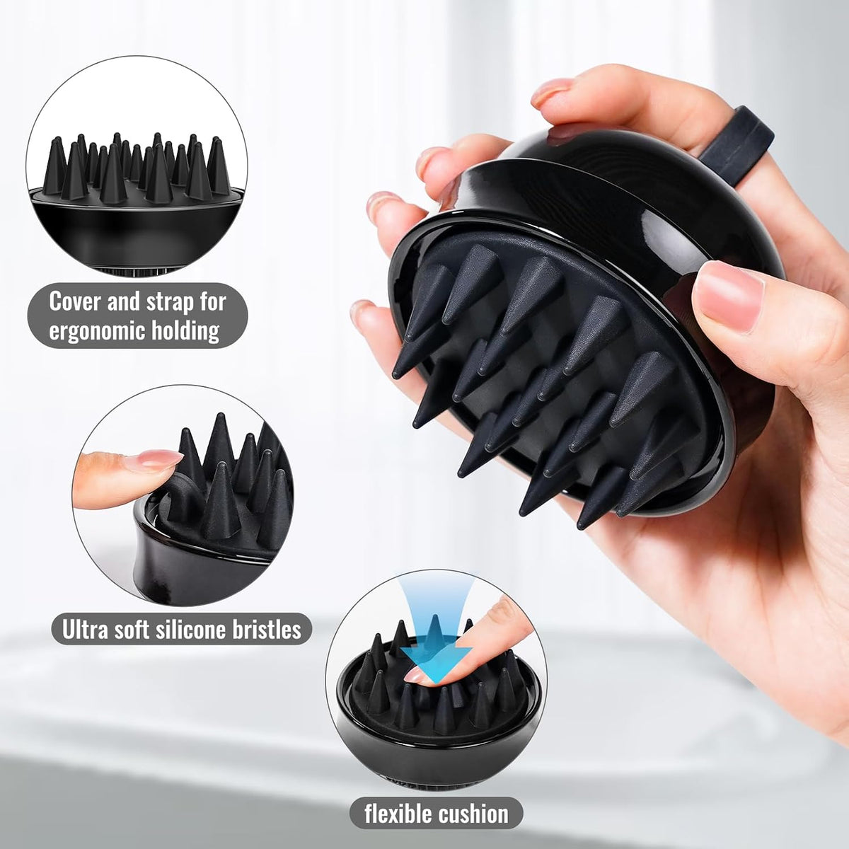 SHINLEA 2-in-1 Silicone Scalp Massager & Shampoo Brush, Double-Sided Scalp Scrubber for Wet & Dry Hair, Waterproof Manual Hair Brush for Women, Men & Kids – Black