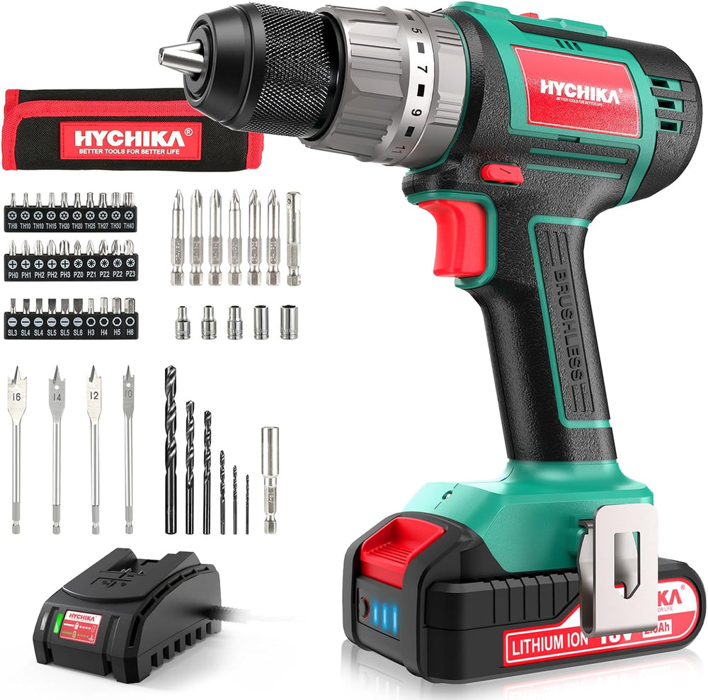 HYCHIKA 18V Brushless Cordless Combi Drill, 60Nm Torque, 21+3 Settings, 2-Speed 0–2000 RPM, 13mm Keyless Chuck, 2.0Ah Battery & 53-Piece Accessory Set