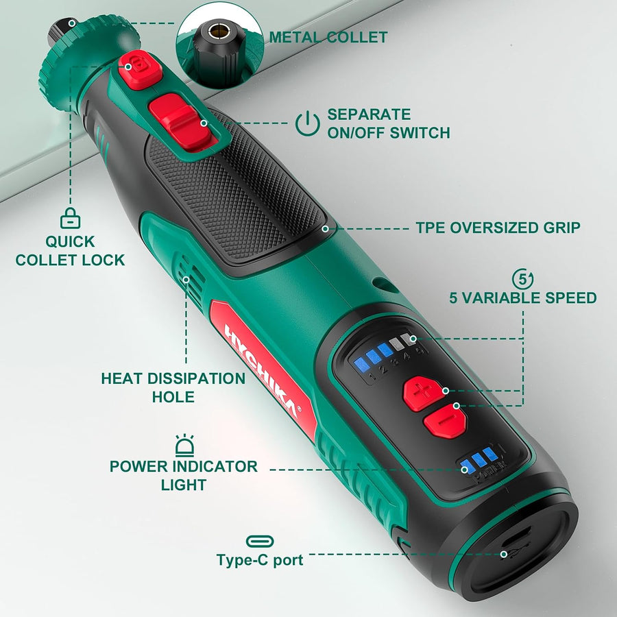 HYCHIKA 8V Cordless Rotary Tool, 5-Speed 5,000–30,000 RPM, 2.0Ah Battery, USB-C Charging, LED Work Light & 145-Piece Accessory Kit with Chainsaw Sharpener