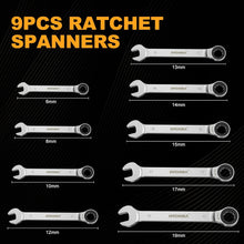 HYCHIKA 9-Piece Ratchet Spanner Set, 6–19mm Metric Combination Spanners, 72-Tooth Fixed Head, 5° Swing Arc, CR-V Steel with Roll Storage Bag
