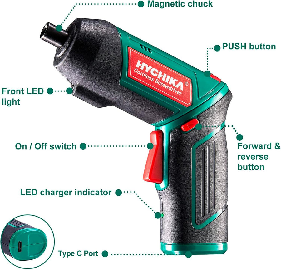 HYCHIKA 3.6V Cordless Electric Screwdriver, 6Nm Torque, 2000mAh Rechargeable Battery, 2-Position Handle, LED Work Light, Magnetic Chuck & 20-Piece Accessory Set