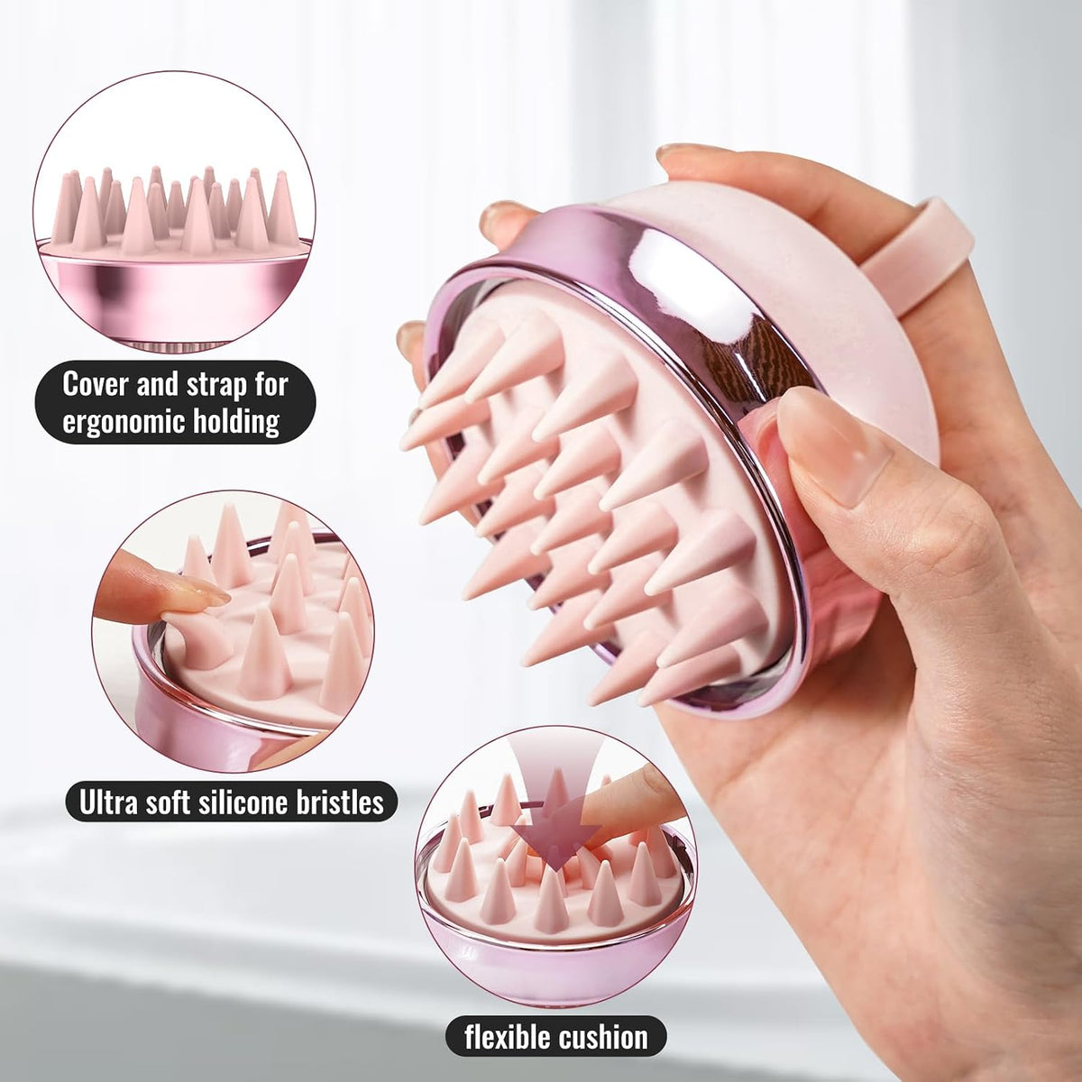 SHINLEA 2-in-1 Silicone Scalp Massager & Shampoo Brush, Double-Sided Hair & Scalp Brush for Wet & Dry Use, Flexible Manual Head Massager – Pink