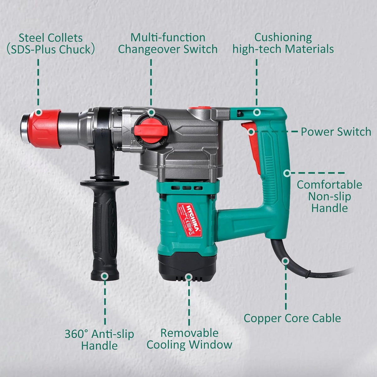 HYCHIKA 900W SDS Plus Rotary Hammer Drill, Corded Hammer Drill & Chisel with Safety Clutch for Concrete, Masonry, Brick & Demolition