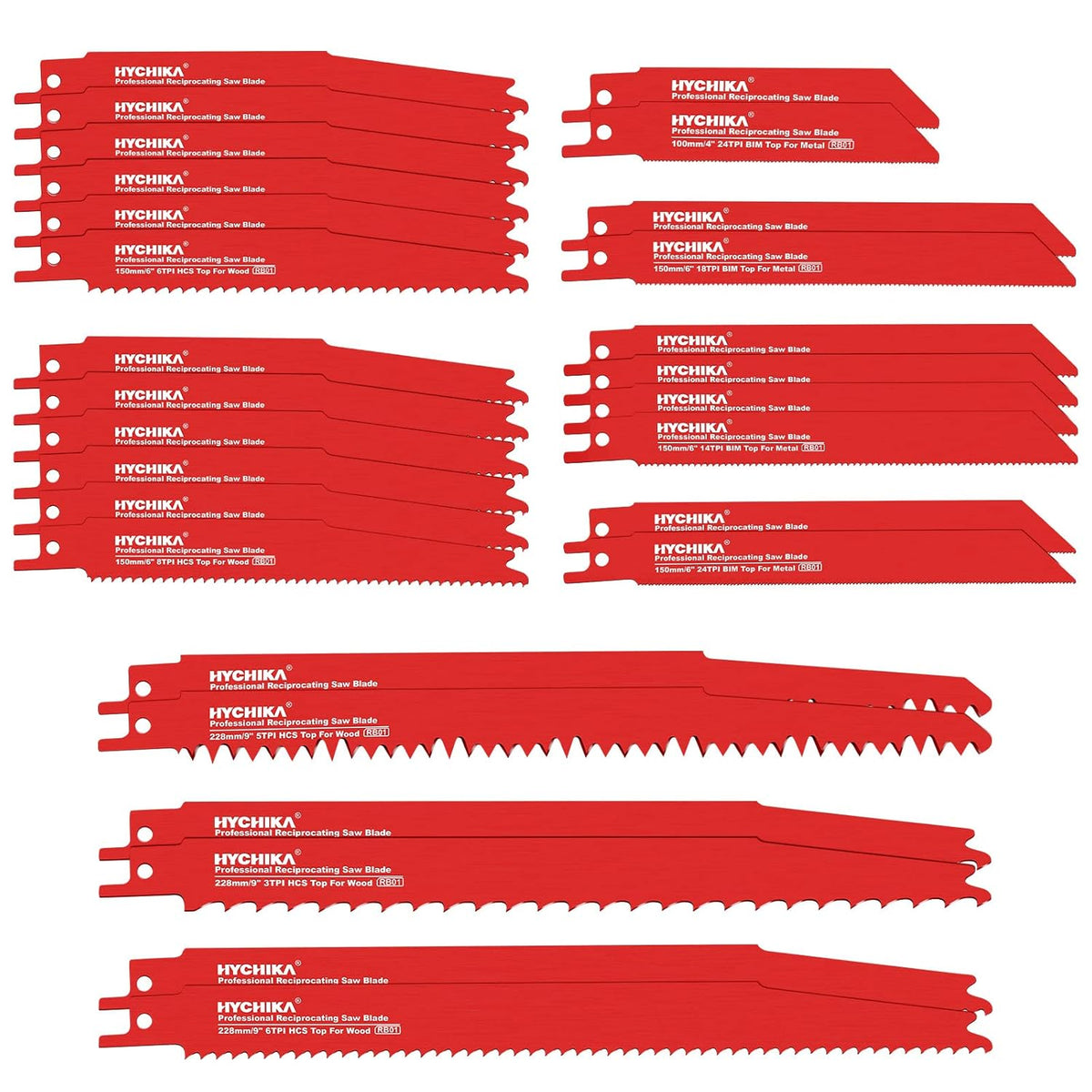 HYCHIKA 32-Piece Reciprocating Saw Blade Set, HCS & Bi-Metal Blades for Fast Cutting Wood, Metal, Plastic & Plasterboard, with Storage Case