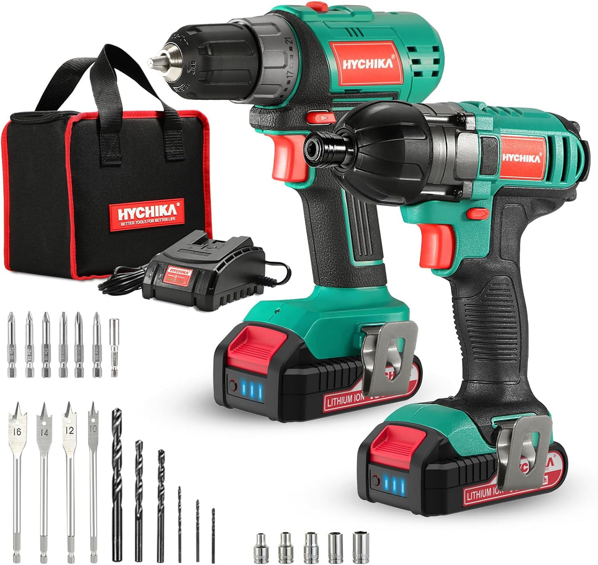 HYCHIKA 18V Cordless Drill & Impact Driver Set, 35Nm Drill Driver + 160Nm Impact Driver, 2 × 2.0Ah Batteries, 2A Fast Charger & 30-Piece Tool Kit
