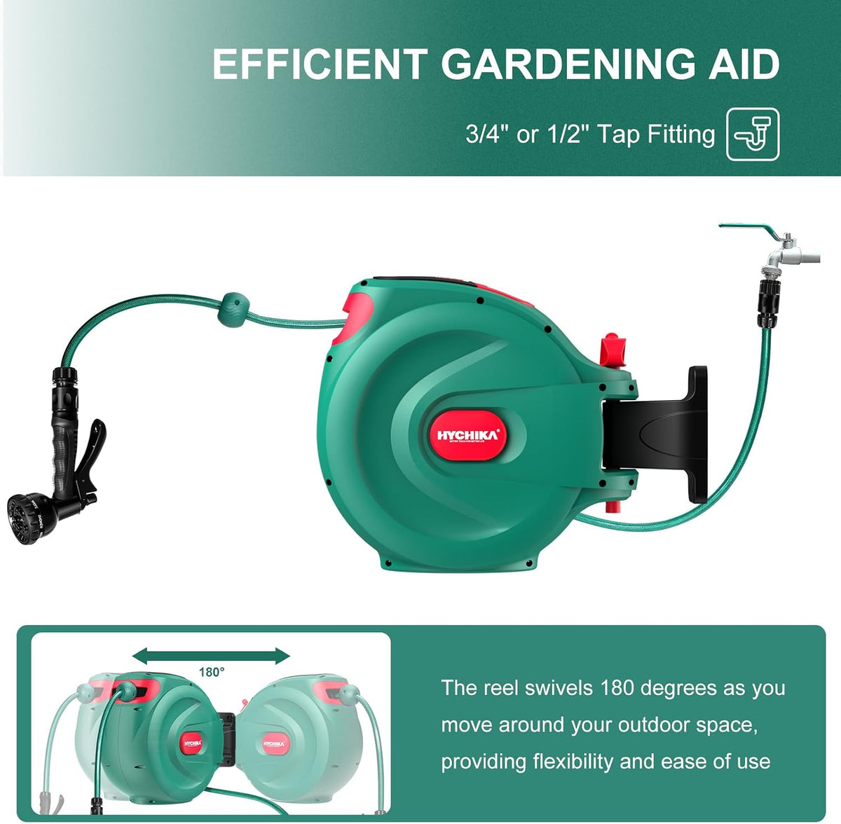 HYCHIKA 30M Retractable Garden Hose Reel, Wall-Mounted Auto Rewind Hose with 180° Swivel Bracket, Auto Lock & 8-Pattern Spray Gun