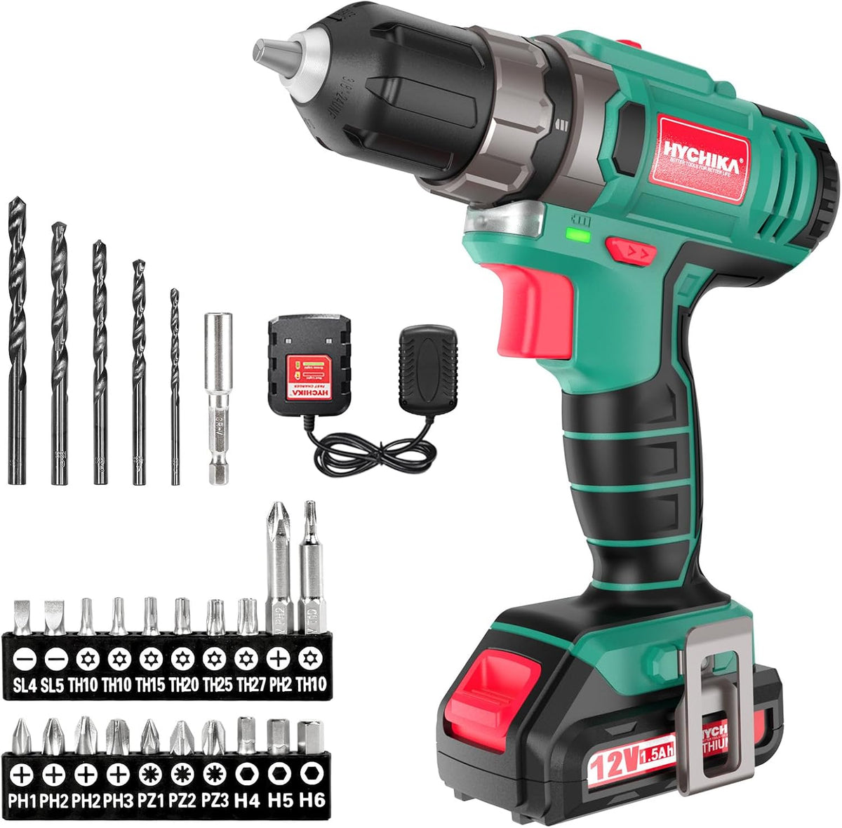 HYCHIKA 12V Cordless Drill & Electric Screwdriver, 30Nm Torque, 21+1 Settings, 2-Speed 0–1500 RPM, LED Work Light, 1.5Ah Li-Ion Battery & 26-Piece Accessory Kit